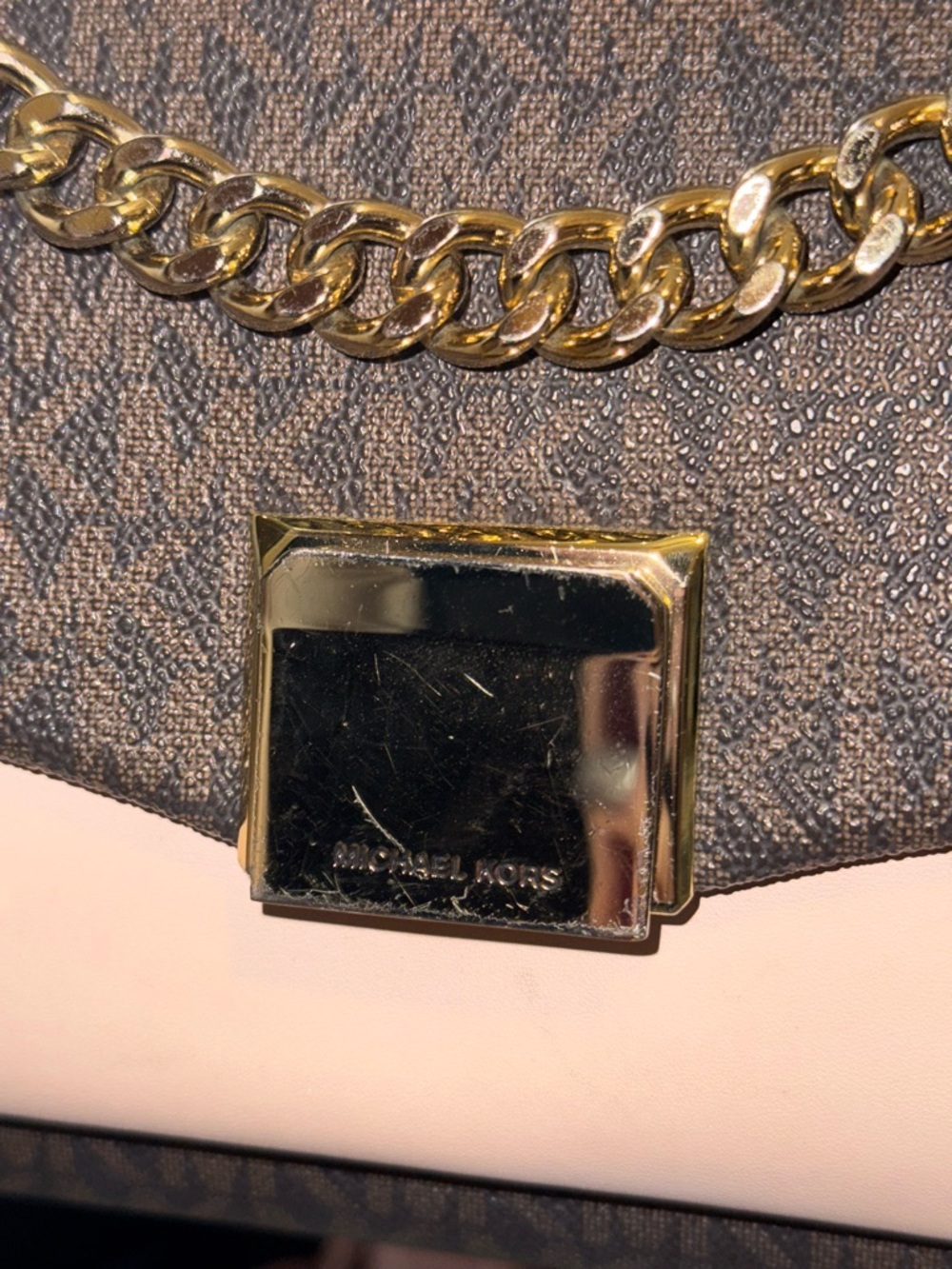 Michael Kors Brown Signature Crossbody with Blush Pink Flap & Gold Chain - Picture 6 of 7